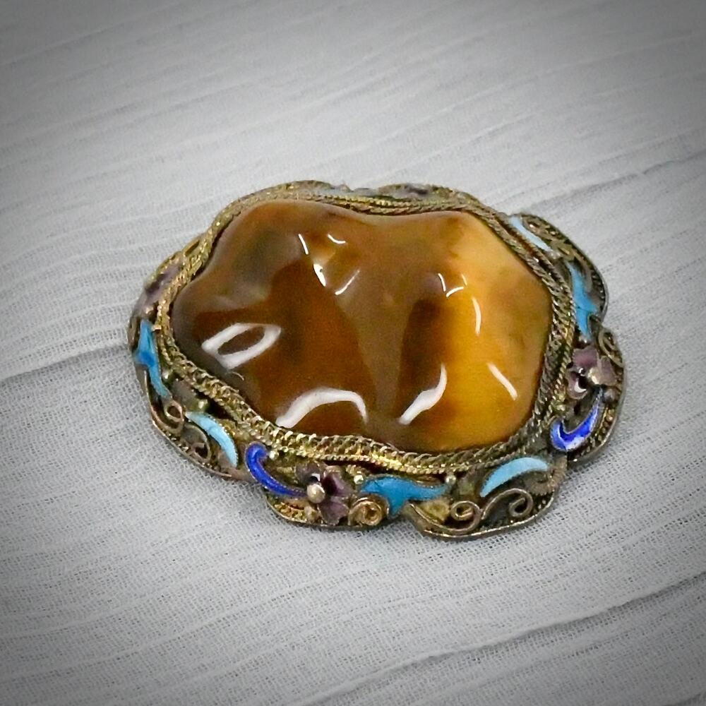 Antique Chinese Export Silver Filigree Enamel Tiger Eye Brooch Art Deco